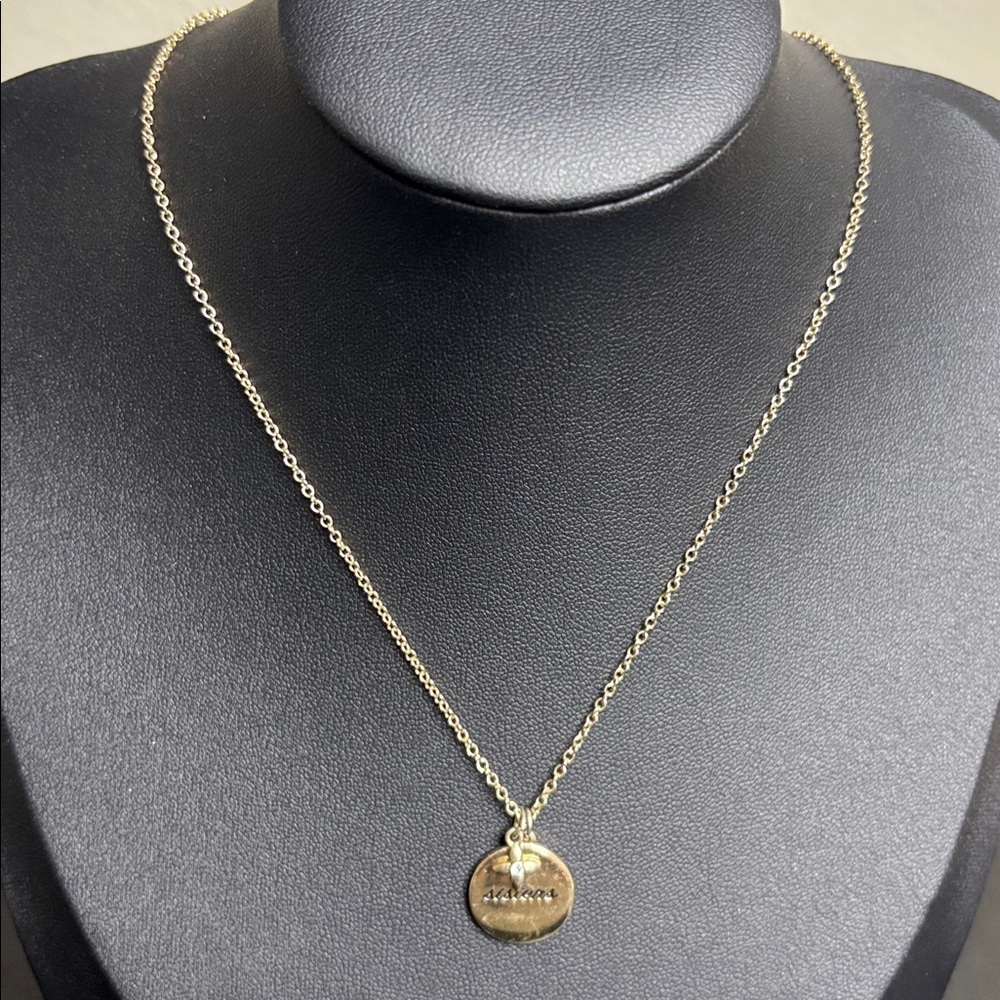 VERA BRADLEY SISTERS NECKLACE GOLD TONE WITH ENGRAVED "SISTERS" PENDANT
